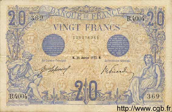 20 Francs BLEU FRANCIA  1913 F.10.03 BC a MBC