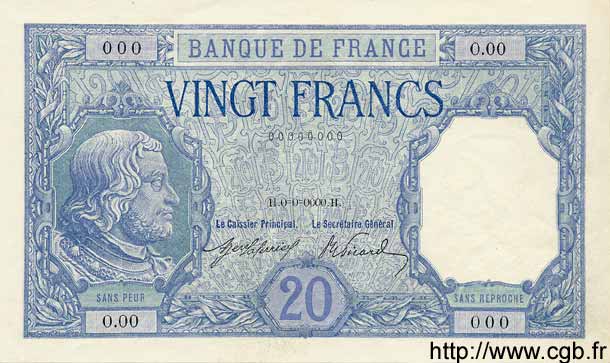 20 Francs BAYARD FRANKREICH  1916 F.11.01S ST