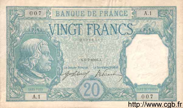 20 Francs BAYARD FRANCIA  1916 F.11.01A1 AU+