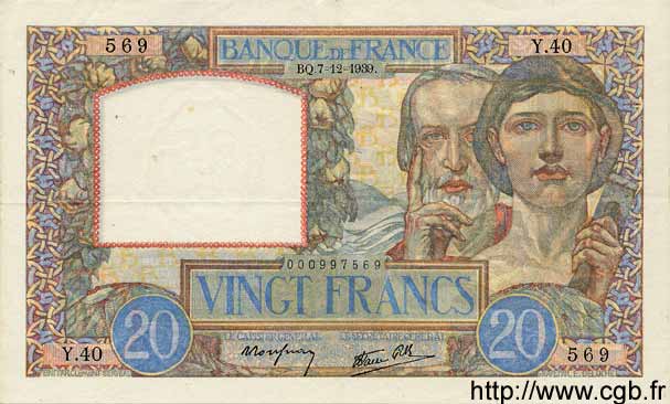20 Francs TRAVAIL ET SCIENCE FRANCE  1939 F.12.01 VF - XF