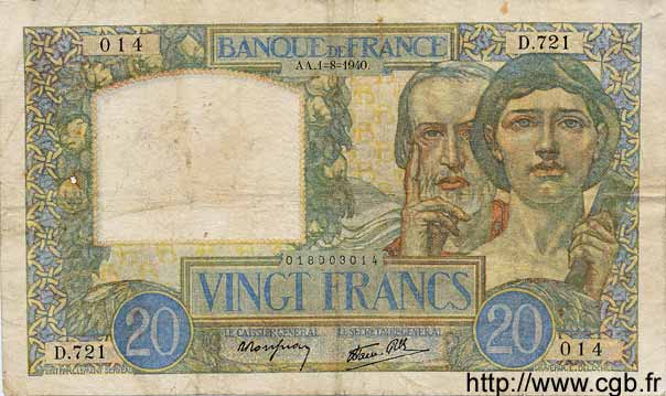 20 Francs TRAVAIL ET SCIENCE FRANKREICH  1940 F.12.05 fS