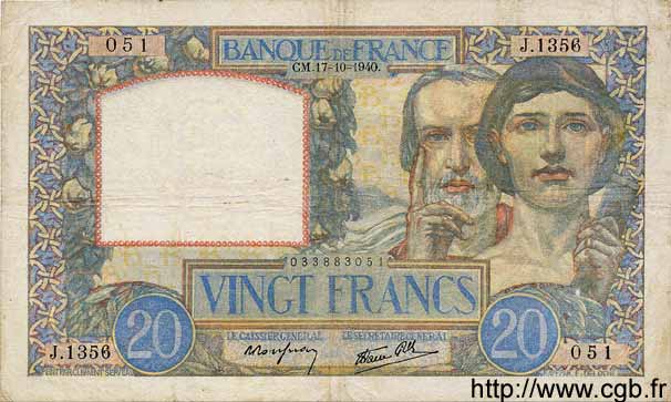 20 Francs TRAVAIL ET SCIENCE FRANKREICH  1940 F.12.09 S