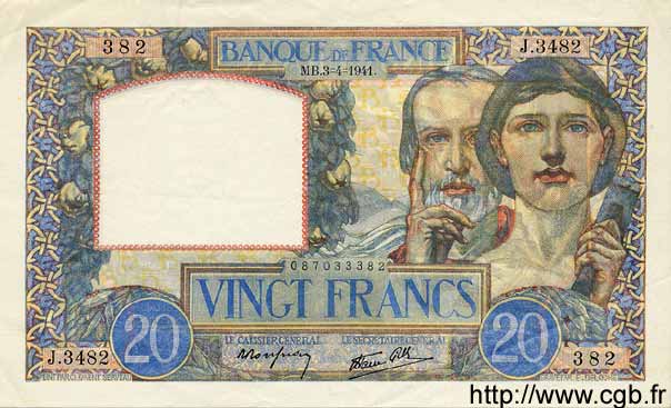 20 Francs TRAVAIL ET SCIENCE FRANCIA  1941 F.12.13 EBC