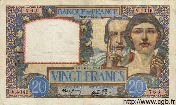 20 Francs TRAVAIL ET SCIENCE FRANCE  1941 F.12.14 VF-