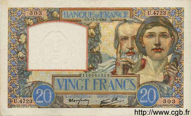 20 Francs TRAVAIL ET SCIENCE FRANCE  1941 F.12.16 XF