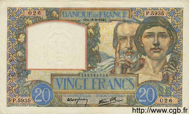 20 Francs TRAVAIL ET SCIENCE FRANCE  1941 F.12.18 XF