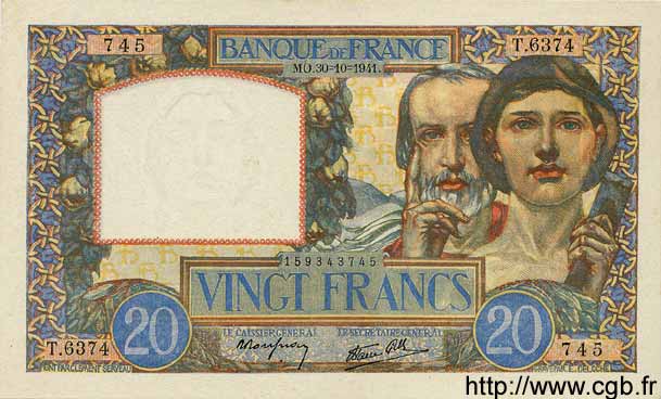 20 Francs TRAVAIL ET SCIENCE FRANCE  1941 F.12.19 SUP