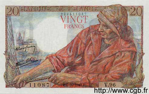20 Francs PÊCHEUR FRANCIA  1943 F.13.07 FDC