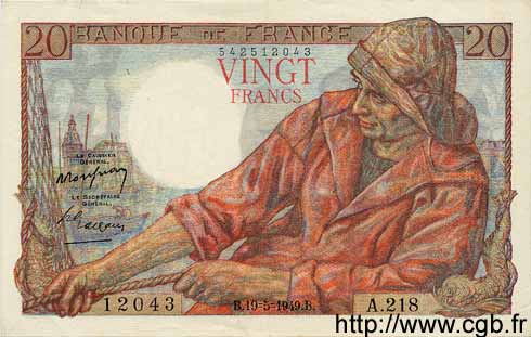 20 Francs PÊCHEUR FRANKREICH  1949 F.13.15 fST