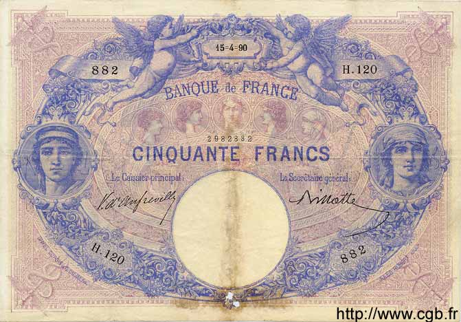 50 Francs BLEU ET ROSE FRANCE  1890 F.14.02 F+