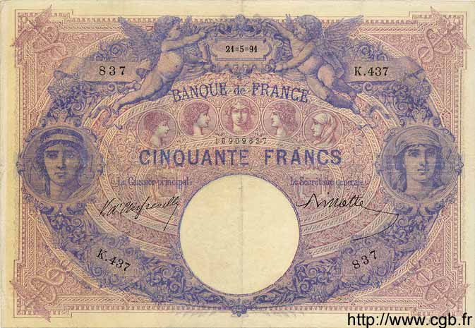 50 Francs BLEU ET ROSE FRANCIA  1891 F.14.03 BB