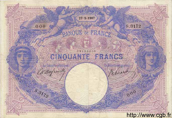 50 Francs BLEU ET ROSE FRANKREICH  1907 F.14.19 S