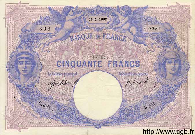 50 Francs BLEU ET ROSE FRANKREICH  1908 F.14.21 SS
