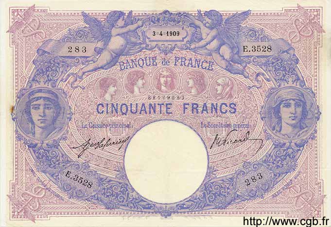 50 Francs BLEU ET ROSE FRANCE  1909 F.14.22 TTB+