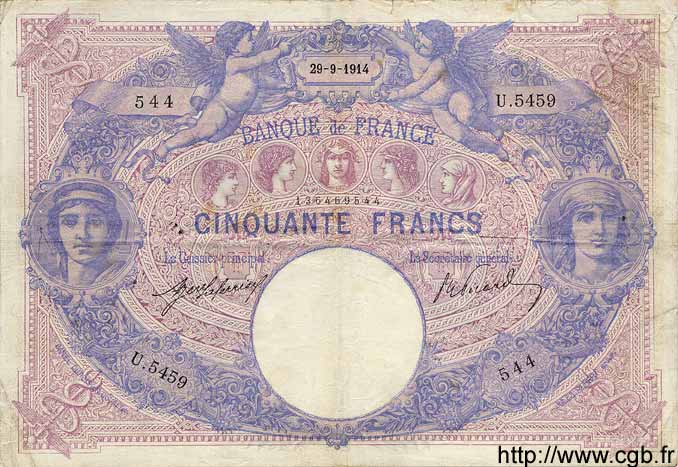 50 Francs BLEU ET ROSE FRANCE  1914 F.14.27 F - VF
