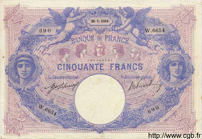 50 Francs BLEU ET ROSE FRANCIA  1916 F.14.29 MBC+