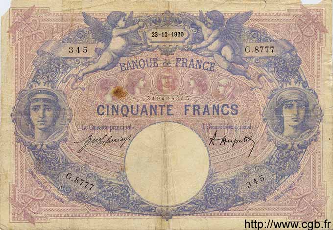 50 Francs BLEU ET ROSE FRANKREICH  1920 F.14.33 fS