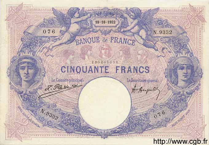 50 Francs BLEU ET ROSE FRANCIA  1922 F.14.35 q.SPL a SPL