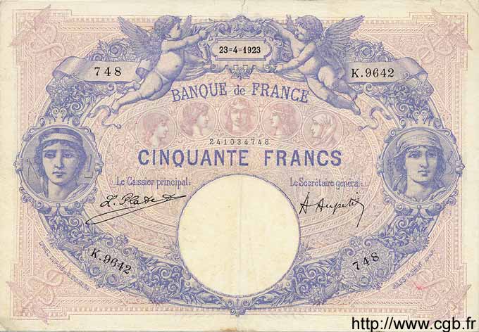 50 Francs BLEU ET ROSE FRANCE  1923 F.14.36 F+