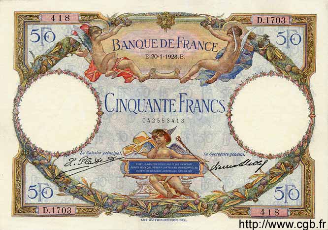 50 Francs LUC OLIVIER MERSON FRANCIA  1928 F.15.02 SPL