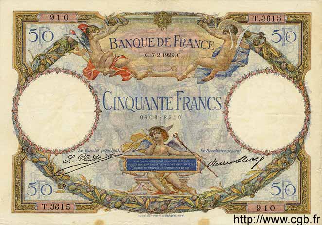 50 Francs LUC OLIVIER MERSON FRANCE  1929 F.15.03 VF