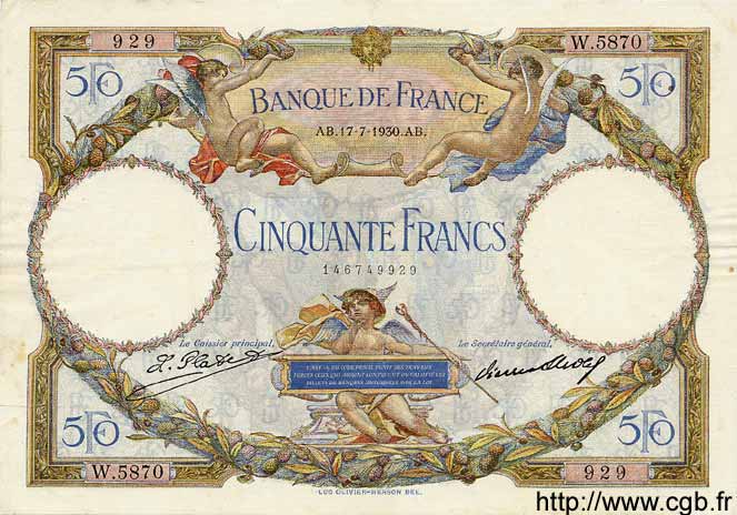 50 Francs LUC OLIVIER MERSON FRANCE  1930 F.15.04 VF