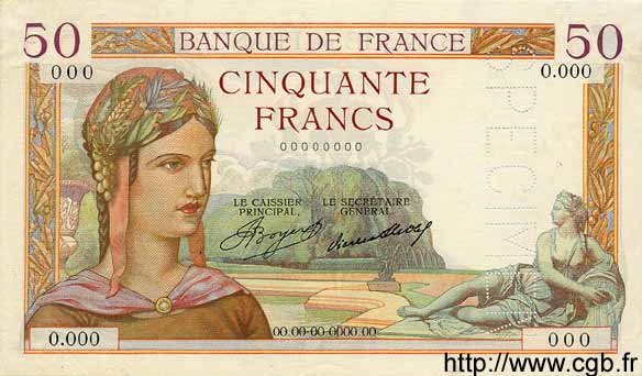50 Francs CÉRÈS FRANCE  1934 F.17.01Sp XF