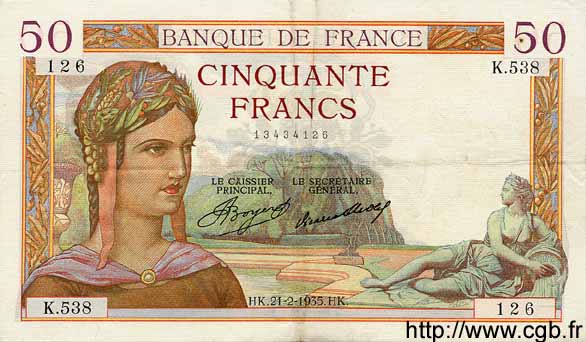 50 Francs CÉRÈS FRANCE  1935 F.17.04 TTB+