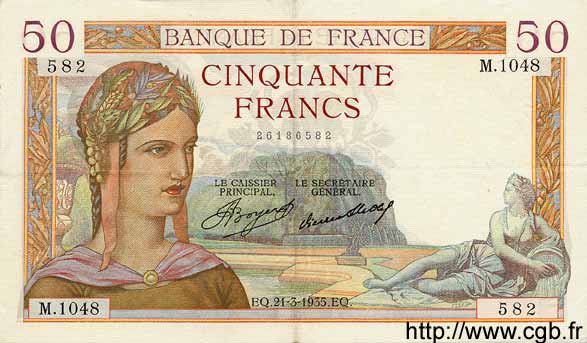 50 Francs CÉRÈS FRANCIA  1935 F.17.06 q.SPL a SPL