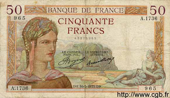 50 Francs CÉRÈS FRANCE  1935 F.17.09 TB