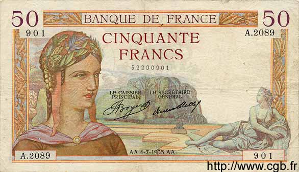 50 Francs CÉRÈS FRANCIA  1935 F.17.12 q.BB