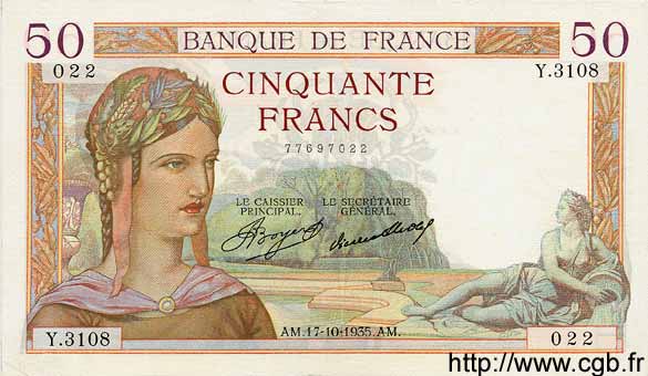 50 Francs CÉRÈS FRANKREICH  1935 F.17.18 fST