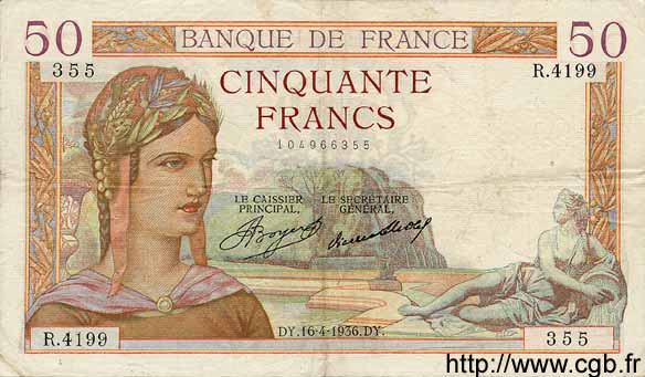 50 Francs CÉRÈS FRANKREICH  1936 F.17.24 SS