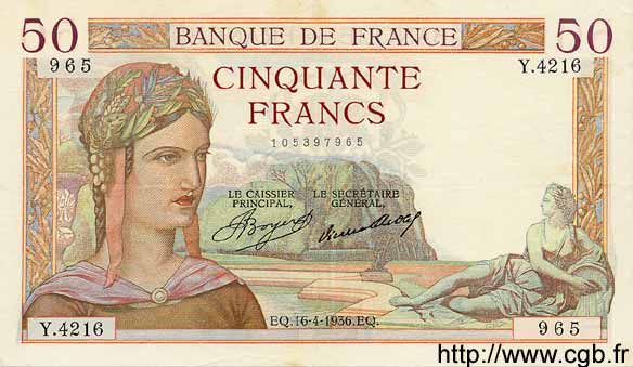 50 Francs CÉRÈS FRANCIA  1936 F.17.24 SPL