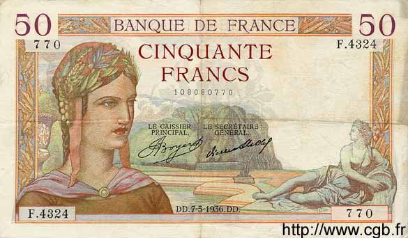 50 Francs CÉRÈS FRANKREICH  1936 F.17.25 SS
