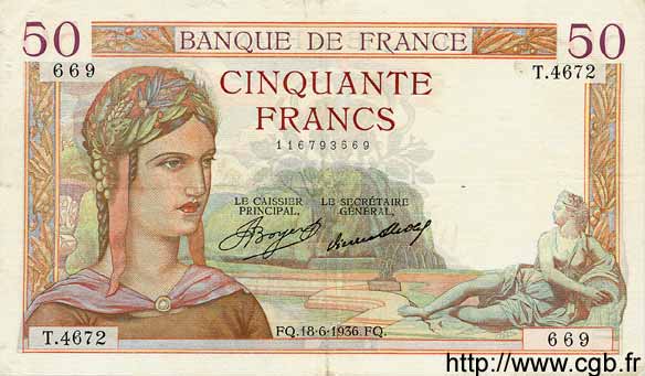 50 Francs CÉRÈS FRANCIA  1936 F.17.27 BB