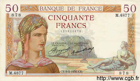 50 Francs CÉRÈS FRANCE  1936 F.17.29 VF+