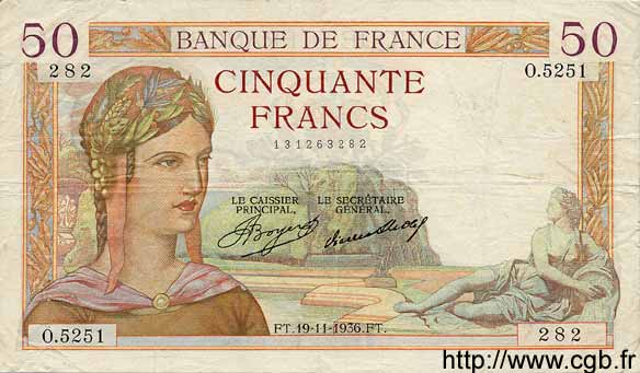 50 Francs CÉRÈS FRANKREICH  1936 F.17.31 fSS