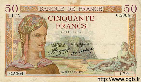 50 Francs CÉRÈS FRANCIA  1936 F.17.32 q.BB