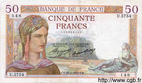50 Francs CÉRÈS FRANKREICH  1937 F.17.35 SS