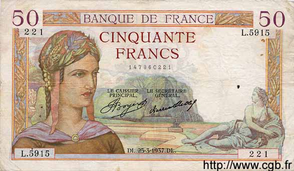 50 Francs CÉRÈS FRANKREICH  1937 F.17.36 fSS