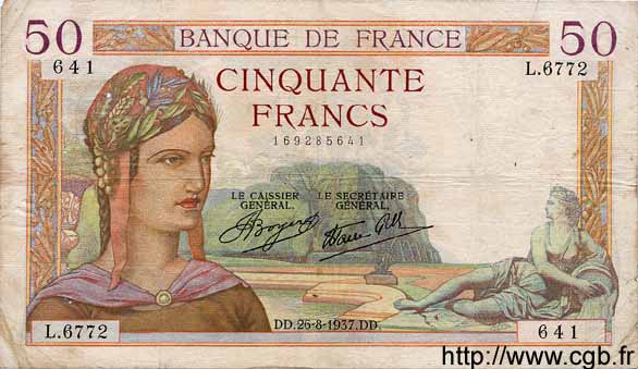 50 Francs CÉRÈS modifié FRANKREICH  1937 F.18.02 fSS
