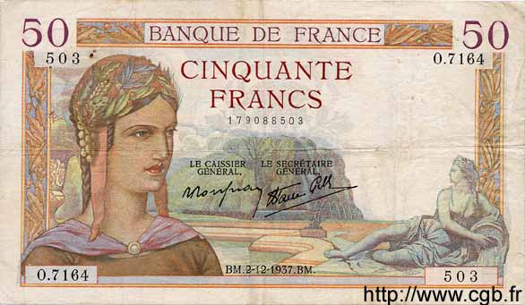 50 Francs CÉRÈS modifié FRANCE  1937 F.18.05 VF-
