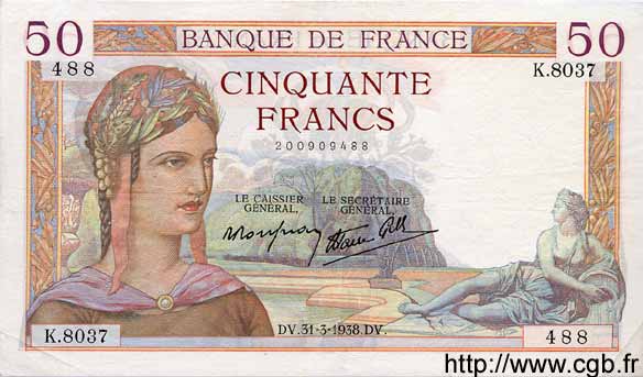 50 Francs CÉRÈS modifié FRANCIA  1938 F.18.11 MBC