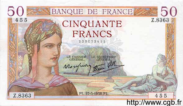 50 Francs CÉRÈS modifié FRANKREICH  1938 F.18.13 fVZ