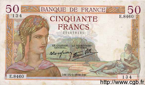 50 Francs CÉRÈS modifié FRANCIA  1938 F.18.14 MBC