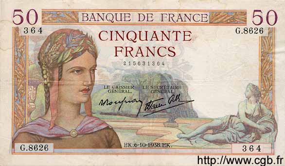 50 Francs CÉRÈS modifié FRANCIA  1938 F.18.15 MBC+