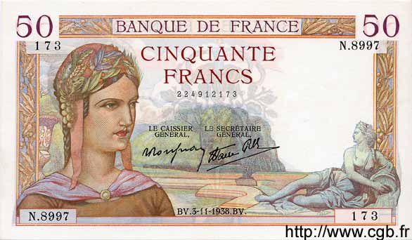 50 Francs CÉRÈS modifié FRANCE  1938 F.18.18 XF+