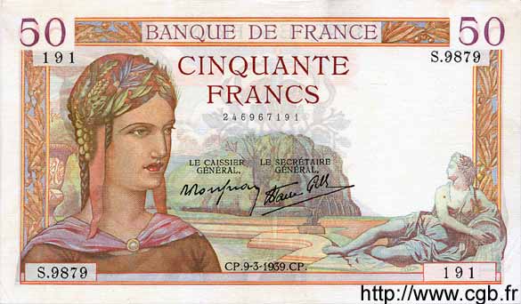 50 Francs CÉRÈS modifié FRANKREICH  1939 F.18.23 VZ to fST