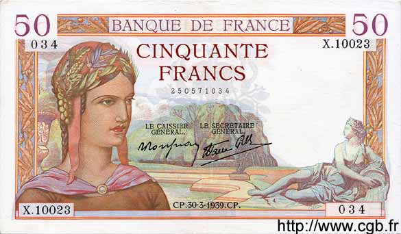 50 Francs CÉRÈS modifié FRANKREICH  1939 F.18.24 VZ